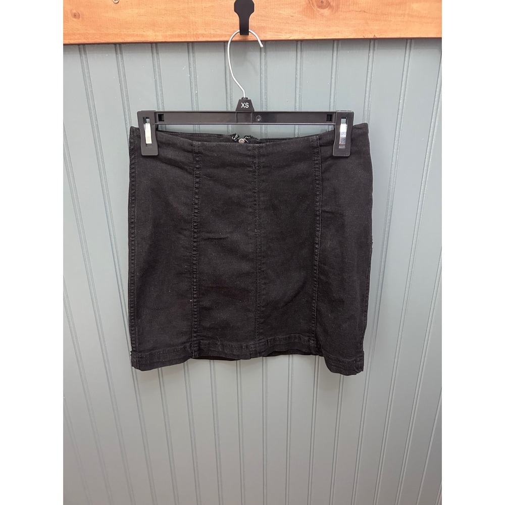 Free People Black Denim Mini Skirt High Waisted Seamed Back Zip Size 4